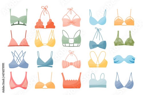 Set of different types of women's bras. Colorful icons, vector