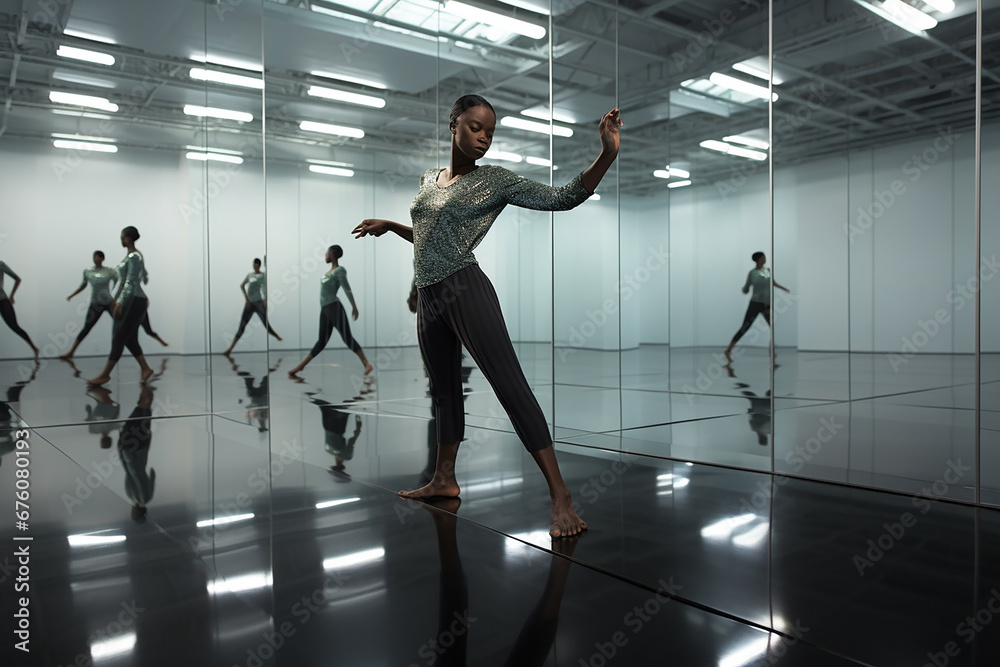 Fototapeta premium Expressive Dance: Black Woman's Contemporary Performance in Studio