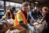 Volunteers engaging in neighborhood clean-up or helping at a food bank.