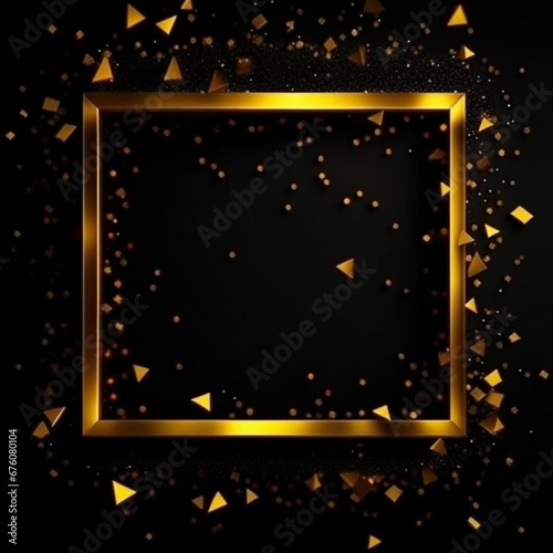 Festive carnival background. Confetti, many small blurry glowing bright paper particles with a golden frame for text. Bokeh effect. Design for wallpaper, advertising, flyer, booklet, postcard, poster.