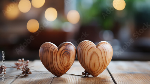 Zwei hölzerne Herzen auf einer Holzoberfläche strahlen im warmen Licht. Sie symbolisieren Liebe und Zuneigung, perfekt für den Valentinstag. photo