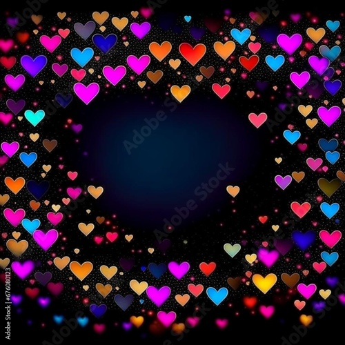 Festive carnival background. Confetti, many blurry glowing bright hearts with space for text. Bokeh effect. Design for wallpaper, advertising, flyer, booklet, postcard, poster.