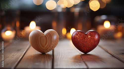 Zwei hölzerne Herzen auf einer Holzoberfläche strahlen im warmen Licht. Sie symbolisieren Liebe und Zuneigung, perfekt für den Valentinstag. photo