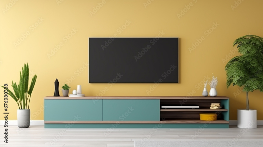 Two tone color wall background,Modern living room decor with a tv cabinet. Generative Ai