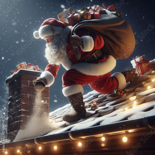 Santa Claus on the roof of a house with gifts