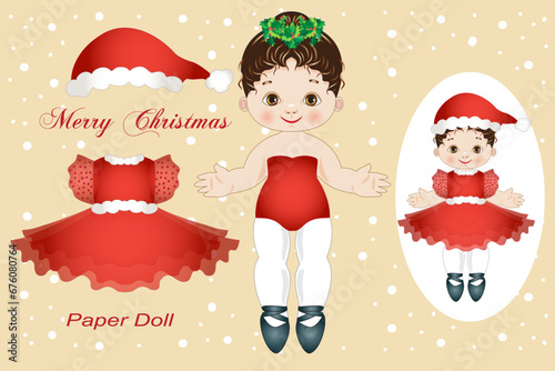 Simple paper doll for girls to cut out and dress up with Christmas dresses in a ballerina version