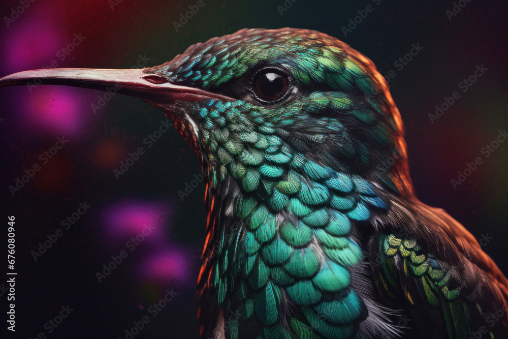 Obraz premium Colorful Fantasy Calibri with a beak with a Dark Background 