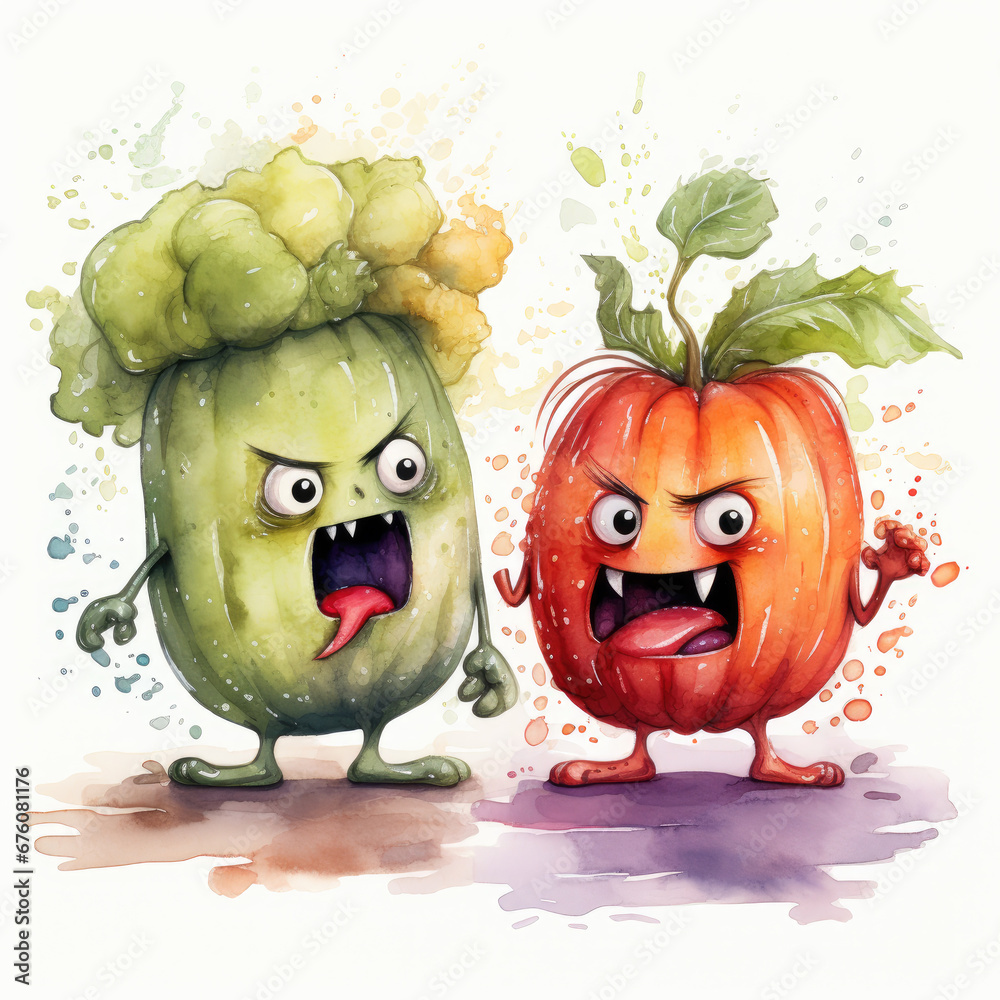 watercolor Cute Angry Fruits and Vegetables clipart, Generative Ai ...