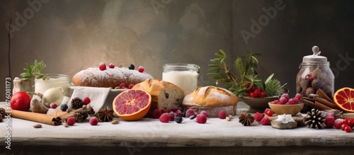 During the holiday season the background of a white marble table at a bakery shop in Spain sets the perfect scene for a Christmas breakfast celebration complete with delicious food aromatic photo