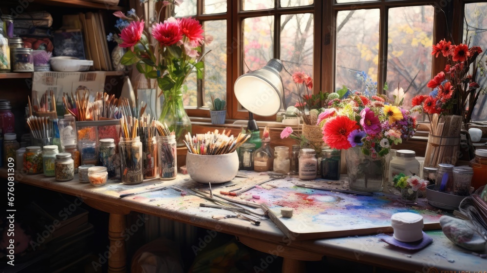 Artist's table with brushes and paints