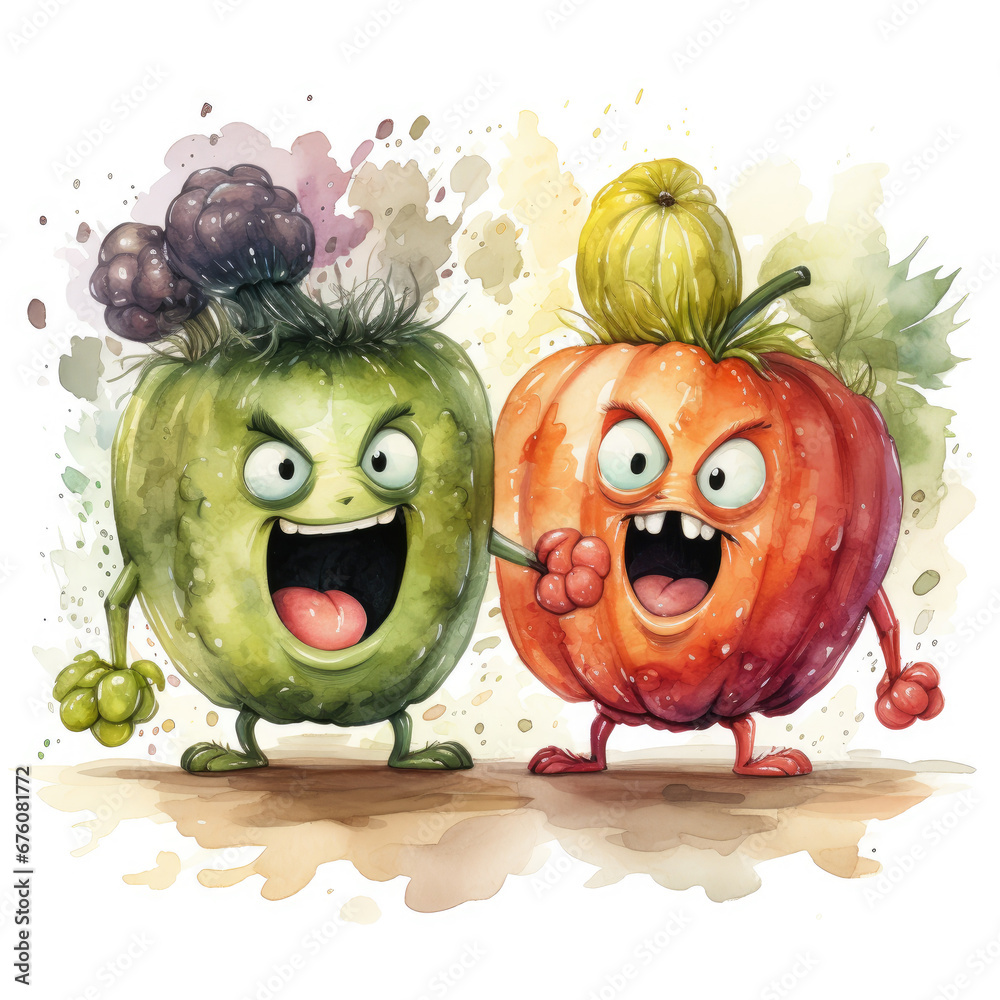 watercolor Cute Angry Fruits and Vegetables clipart, Generative Ai ...
