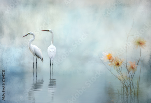 Two white heron standing in a small pond on a foggy day.