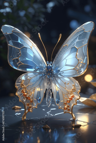 Winter's Glow: Iridescent Light Blue Hues Adorning a Luminous Glass Butterfly photo
