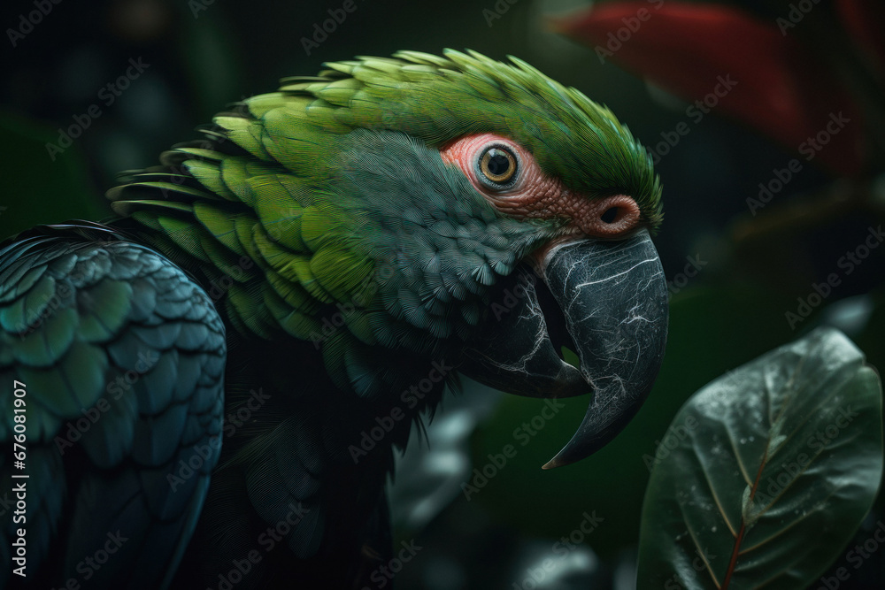 Colorful Fantasy Parrot with a beak with a Dark Background 