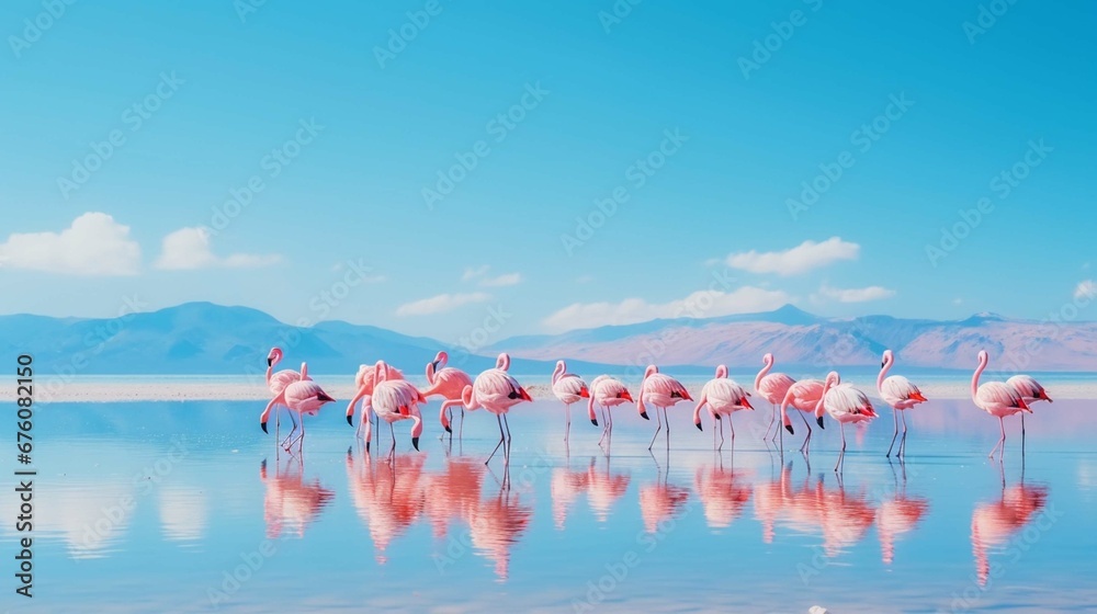 Naklejka premium Wild African birds. Group birds of pink African flamingos walk around the blue lagoon on a sunny day. generative ai
