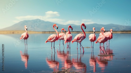 Wild African birds. Group birds of pink African flamingos walk around the blue lagoon on a sunny day. generative ai