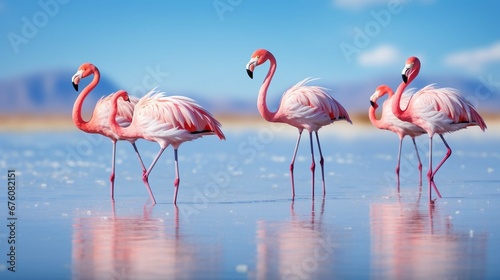 Wild African birds. Group birds of pink African flamingos walk around the blue lagoon on a sunny day. generative ai © Ahtesham