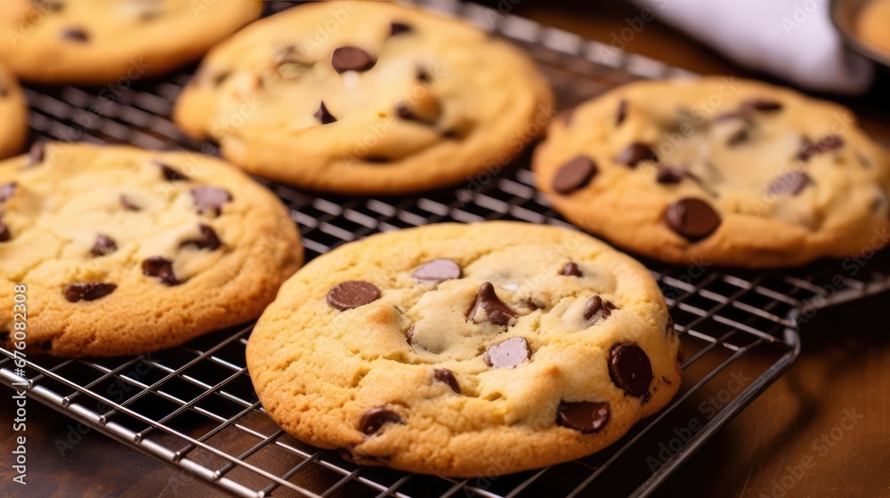 Chocolate chip cookies freshly baked on a cooling rack