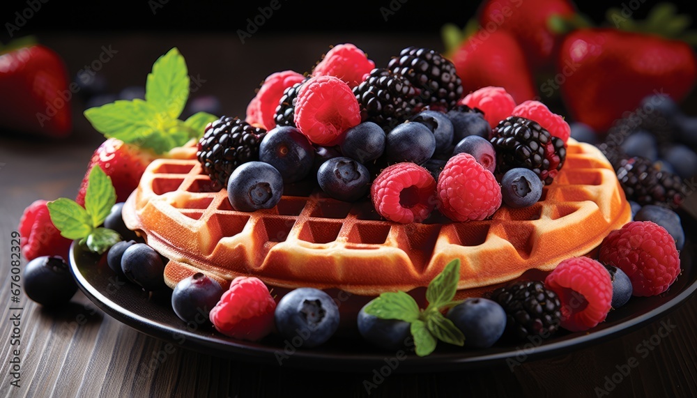 Delicious waffles topped with tempting berries, a perfect sweet treat to satisfy cravings Delicious waffles topped with tempting berries, a perfect sweet treat to satisfy cravings
