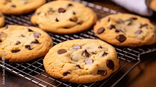 Chocolate chip cookies freshly baked on a cooling rack