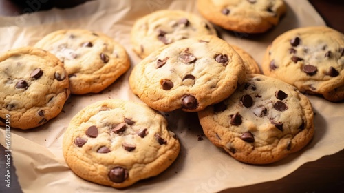 Chocolate chip cookies freshly baked on parchment paper photo