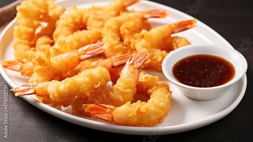 Cooked tempura shrimp on a plate with dipping sauce