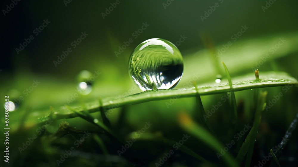 Ein glänzender Wassertropfen reflektiert die grüne Landschaft und steht prächtig auf einem Bett von feuchtem Moos. Tautropfen glitzern wie Juwelen im Morgenlicht - magische Stimmung - obrazy, fototapety, plakaty 