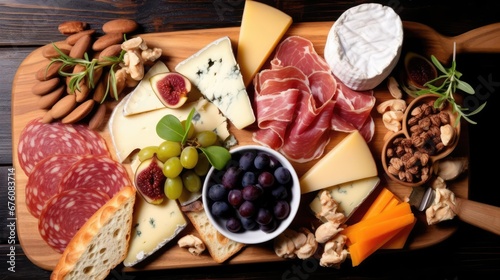 Charcuterie board of a variety of cheeses meats and appetizers Above view table scene on a dark wood background  photo
