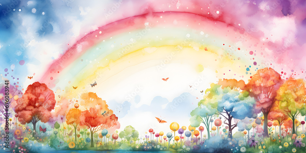 Watercolor colorful illustration of a magical meadow with a rainbow 