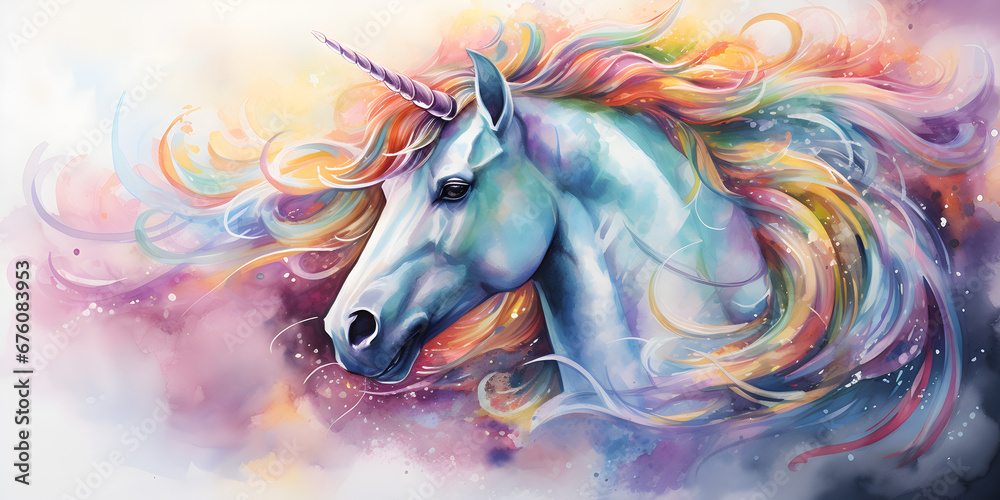 Watercolor colorful illustration of a unicorn on white background 