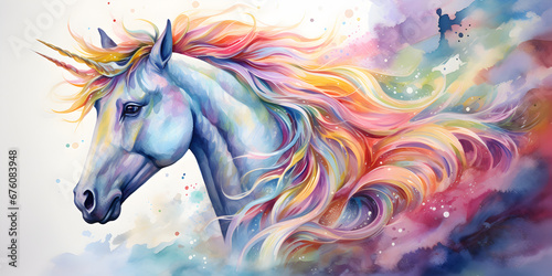 Watercolor colorful illustration of a unicorn on white background 