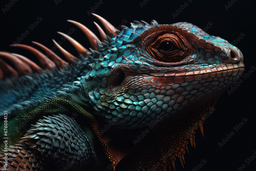 Fototapeta premium Closeup of a Colorful Reptile with a Dark Background 