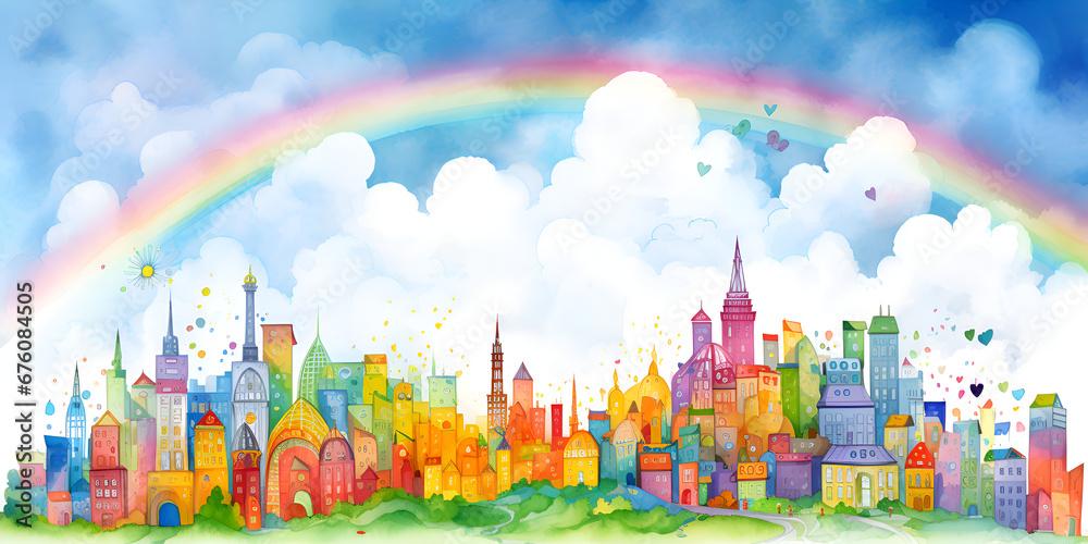 Colorful watercolor illustration of a fairytale town with a rainbow in the sky