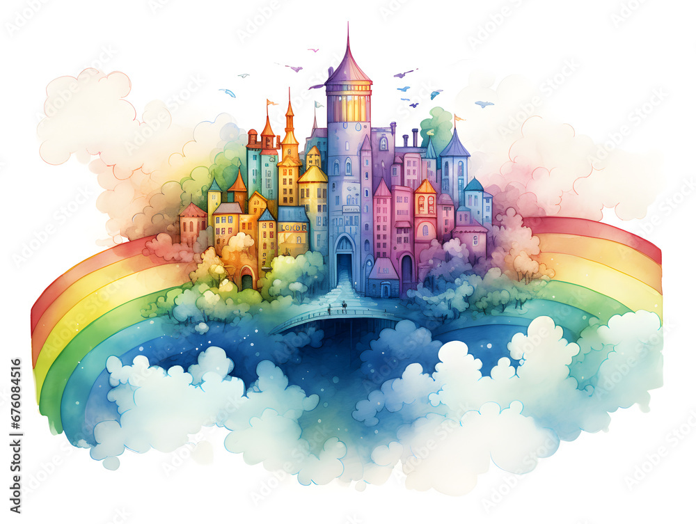 Colorful watercolor illustration of a fairytale town with a rainbow in the sky
