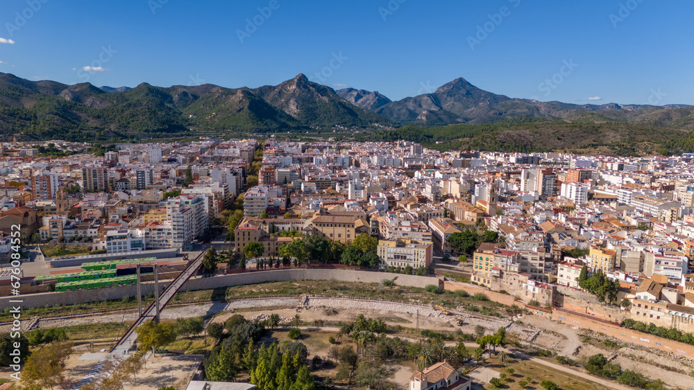 Aerial drone photo of the city centre with mountains in the background of Gandia in the Costa Blanca Spain