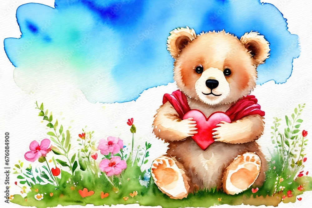Cute little bear cub holding a heart. Watercolor drawing. Cute little bear cub holding a heart. Watercolor drawing.