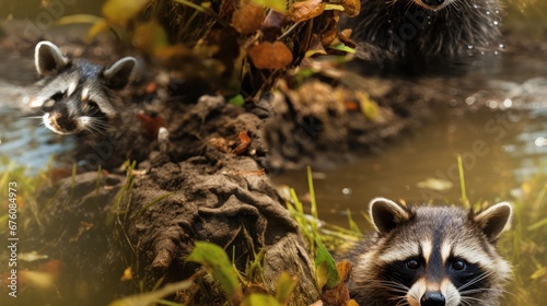  a couple of raccoons standing next to each other in the grass near a body of water and rocks. generative ai