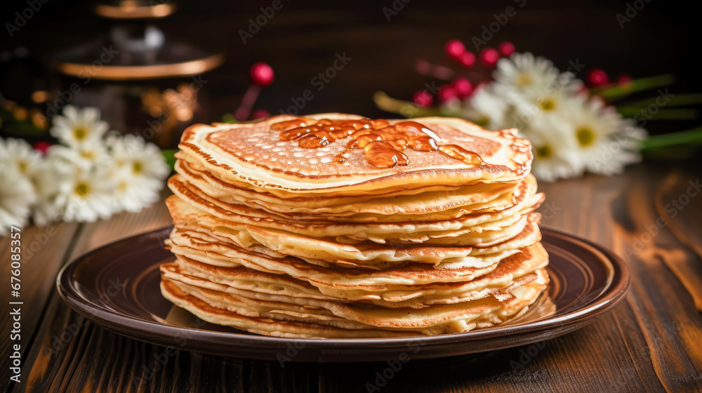 Stack of pancakes with honey on a wooden background. Stack of pancakes with honey on a wooden background.