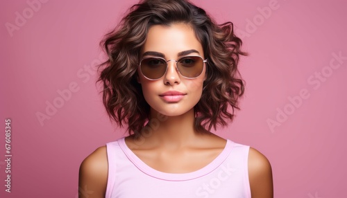 Portrait of cute lovely beautiful girl in casual outfit with modern hairdo and looking at camera isolated on colorful background