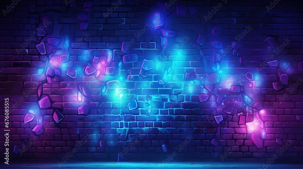Blurred background of a brick wall with neon colorful lights. Defocused light. Bokeh in the background. Disco wall.
