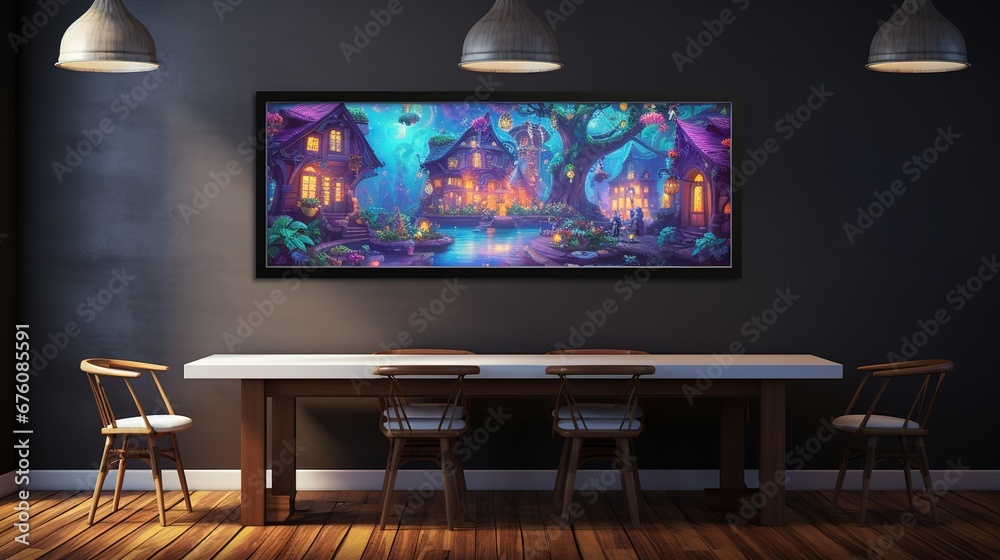 Modern interior with a bright fluorescent painting in the center of the room. accent fantasy art.