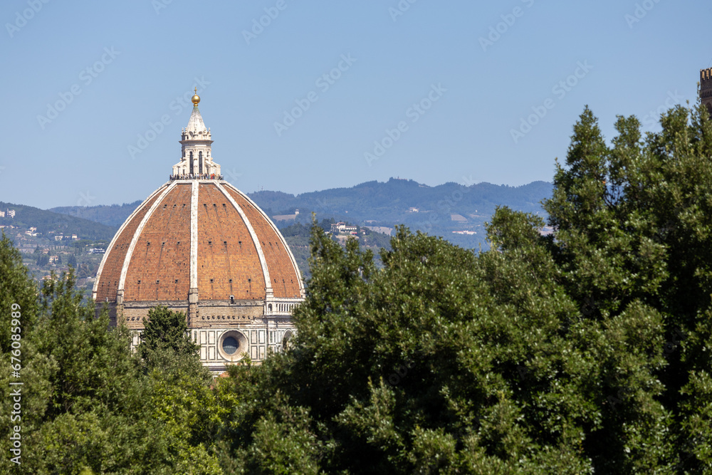 Cathedral and dome in Firenze, Italy. Cityscape on sunny day with trees in foreground