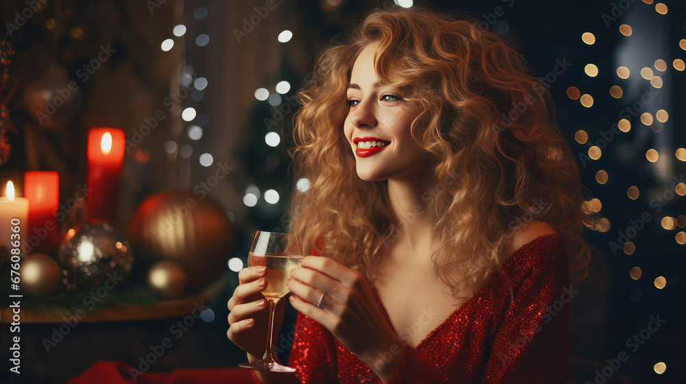 Young beautiful woman drinking champagne from a glass at a New Year home party. Christmas evening party.