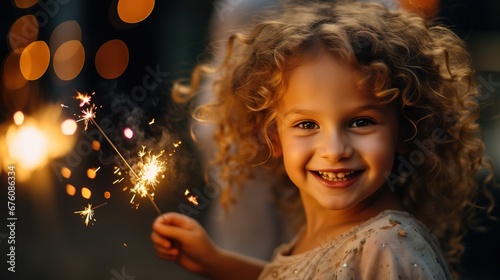 Happy little girl smiles on holiday with a sparkler in her hands. Portrait of a child. Celebration atmosphere.