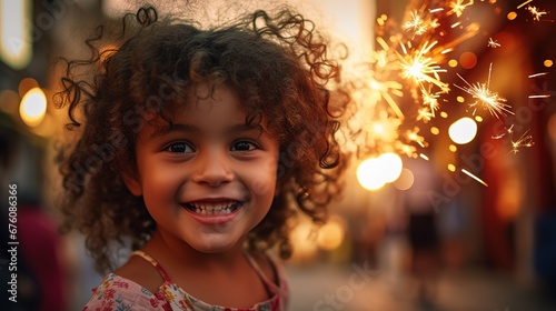 Happy little girl smiles on holiday with a sparkler in her hands. Portrait of a child. Celebration atmosphere.