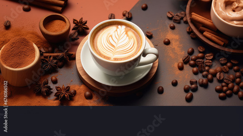 Banner or lending page template for a cafe or delicious coffee shop. Copy space for text. Aromatic coffee in a cup.  photo