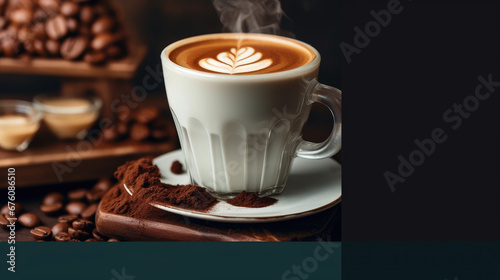 Banner or lending page template for a cafe or delicious coffee shop. Copy space for text. Aromatic coffee in a cup. 