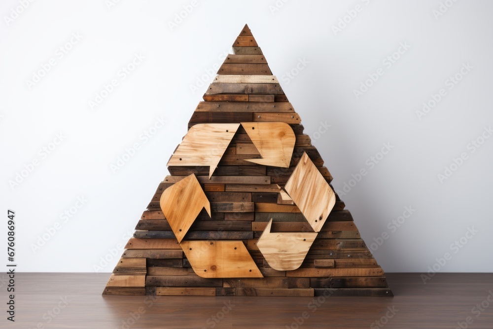 Recycling symbol made of wooden planks on plain background, isolated on light pastel background Recycling symbol made of wooden planks on plain background, isolated on light pastel background