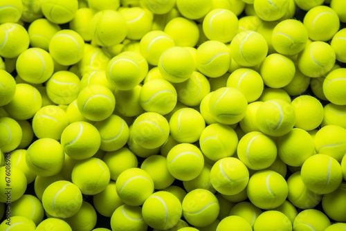 Vibrant assortment of tennis balls on a seamless green background pattern for sports themed designs © Ilja
