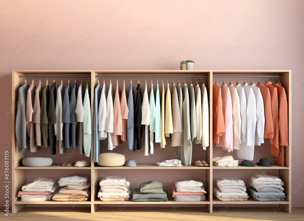 Storage systems for clothes, pastel colors.